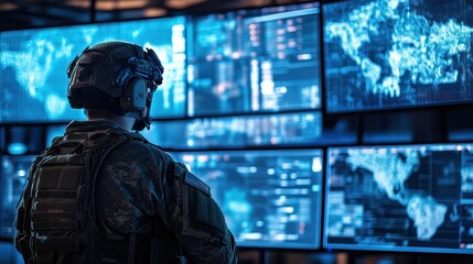 United States Soldier Monitoring Global Threat Map on Multiple Screens