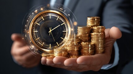 Investing money to achieve growth over time with a businessman showcasing clock and coins for effective time management strategies