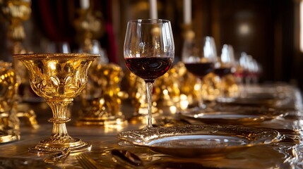 Lavish dinner setting with gold tableware and wine in a historical ambiance
