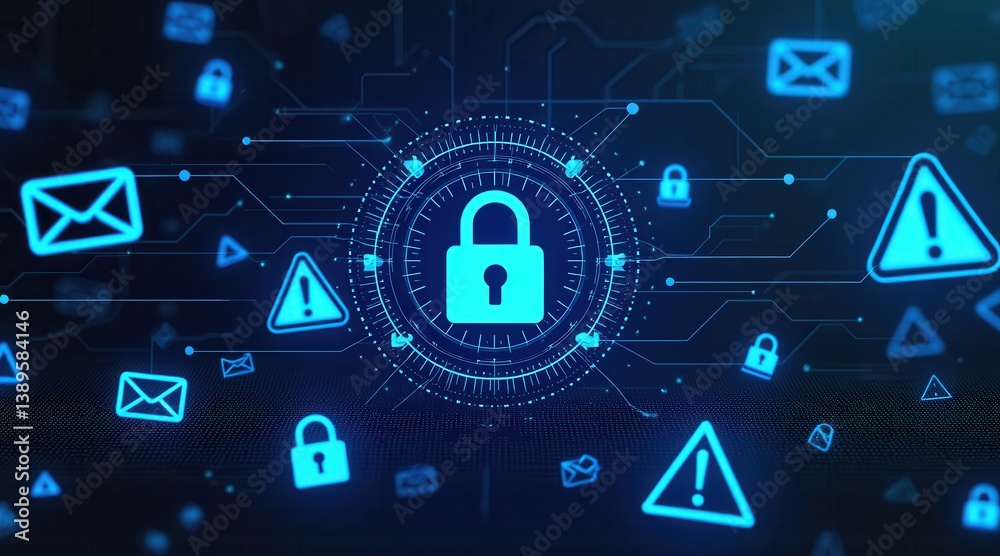 Poster cybercrime prevention for small business concept. digital security concept featuring a central lock 