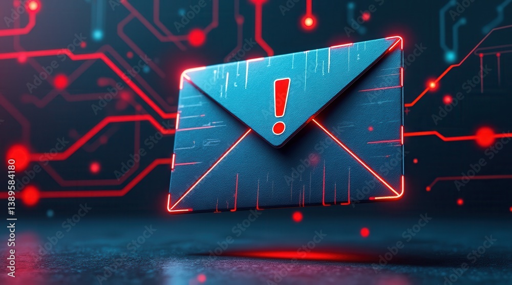 Poster Cybercrime Prevention for Small Business Concept. Digital envelope with alert symbol on a circuit board background, representing cybersecurity concerns.