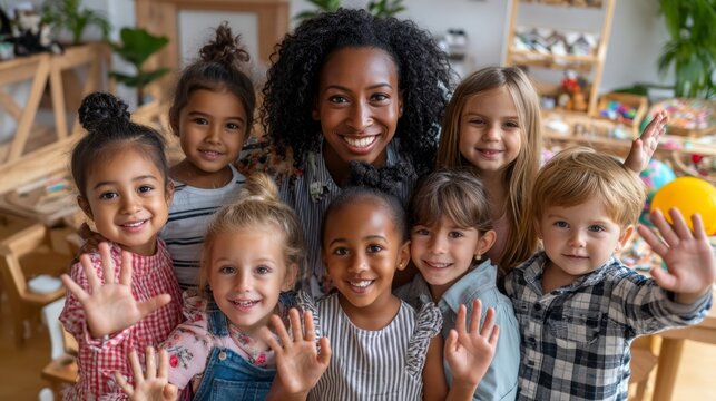 Happy diverse children and their preschool teacher smiling together in a modern kindergarten classroom setting