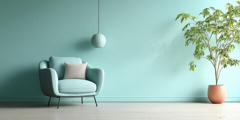 Modern Minimalist Architecture,A modern living room bathed in blue tones, showcasing minimalist furnishings and decor. The spacious design includes plenty of copy space for customization