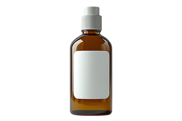 Amber glass bottle with white label on trasparent background