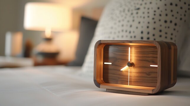 A wooden alarm clock sits on a white nightstand in a bedroom. The clock is illuminated by a warm light.