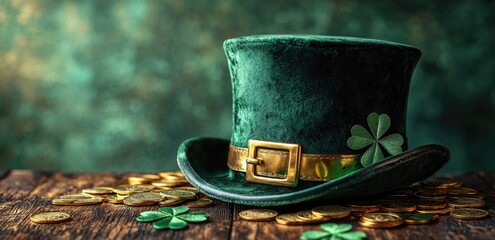 St. Patrick's day green top hat with golden buckle and shamrocks on wooden table