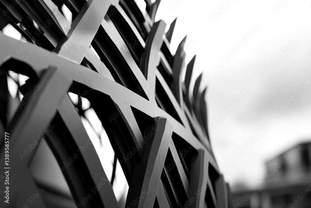 Poster abstract monochrome close-up of a complex geometric metal structure, highlighting sharp lines and an