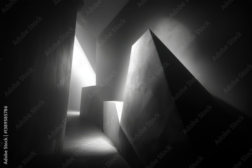 Poster an ethereal monochrome scene of abstract architectural forms with stark light and shadow creating a 