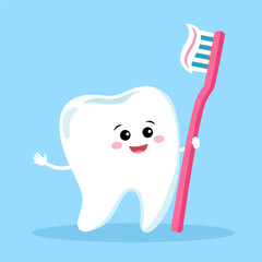 Cute happy smiling tooth with toothbrush and toothpaste cartoon character vector illustration. Brushing teeth. Dental care.
