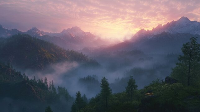 Twilight view of mountain range with mist - Powered by Adobe