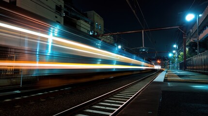 High-Speed Train Blurring Past in Night Scene with Light Trails