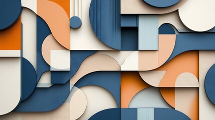 Abstract geometric shapes, layered design, navy, orange, beige.