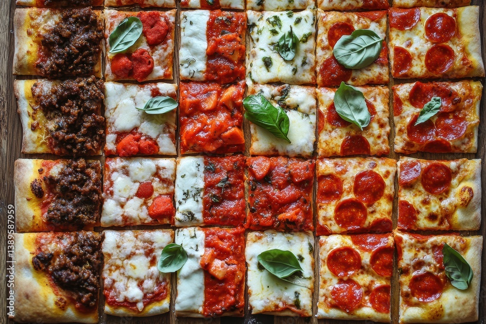 Poster Colorful overhead view of assorted pizzas arranged in a chessboard pattern with vibrant toppings and sauces