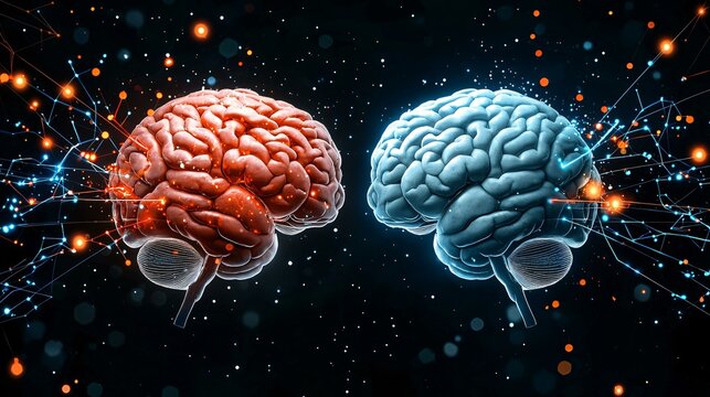 Symbolic fusion of two minds in one body expressing deep emotional complexity and contrast.