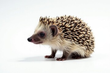 Obraz premium A solitary hedgehog, alert and poised, against a stark white backdrop , animal, sharp, alone