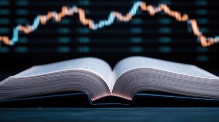 Open book revealing stock market history with technology concept. Open book with graphs, symbolizing knowledge in the financial world.