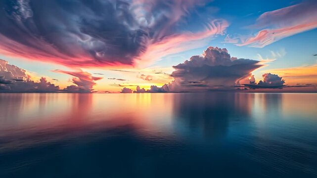 Floating sea with waves curling upwards, horizon merging into an endless palette of soft pastels, dreamy reflection