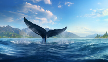 Fototapeta premium Tail of a diving whale in the ocean.