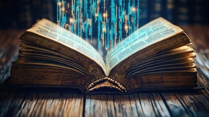 Obraz premium Open book revealing contemporary stock market technology concept. An open book with data streams symbolizing knowledge and wisdom.