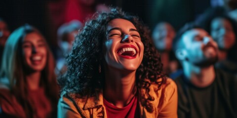 Group of people laughing at stand up comedy performance. Men and women with excited expressions on their faces.