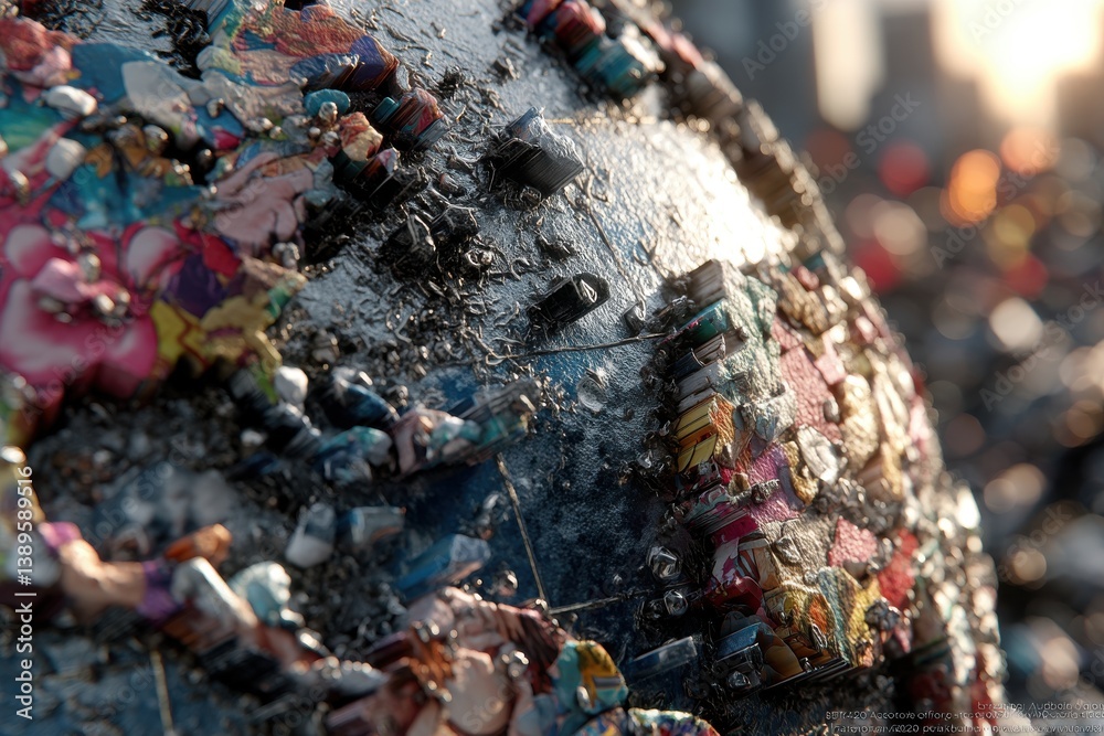 Poster a textured sphere covered in colorful patterns and various objects, creating an artistic and abstrac