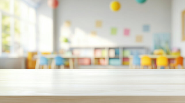 Empty wooden table with blurred background of a modern classroom with colorful decor