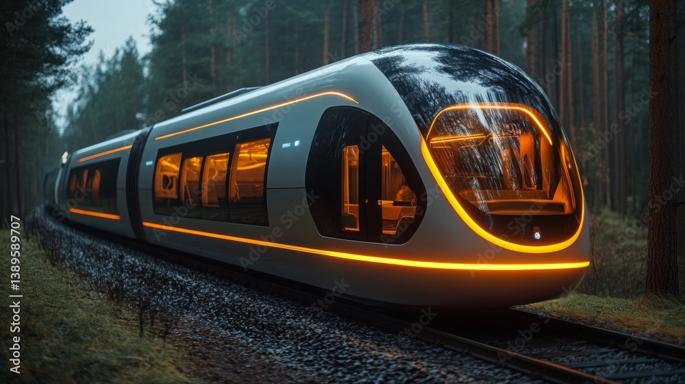 Poster a futuristic train equipped with smart technology moves along railway tracks in a wooded environment