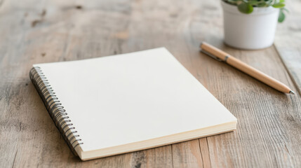 blank notebook on wooden table with pen and small potted plant, inviting creativity