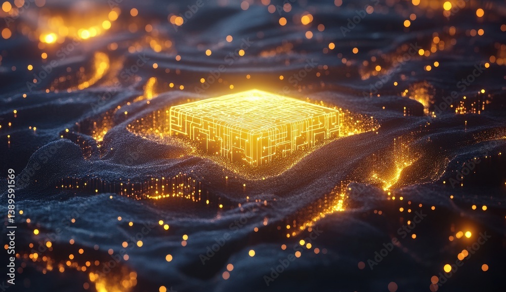 Poster Abstract 3D Render of Golden Pixel Structures on a Dark Wavy Surface with a Futuristic Glowing Geometric Design and Modern Digital Art Elements