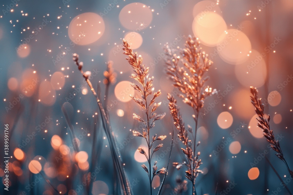 Poster Abstract Blue and Copper Meadow Grass with Bokeh Lights Creating a Dreamy and Magical Effect in Nature