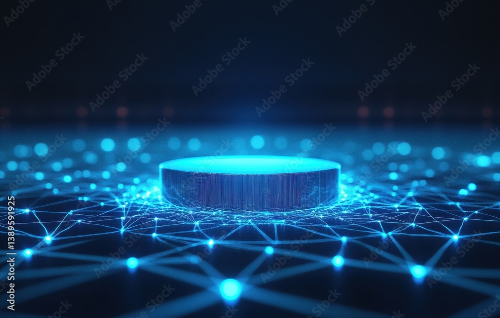 Aufkleber Abstract Blue Digital Network Background with Glowing Nodes and Triangles Featuring a Futuristic Cyber Connection on a Circular Platform