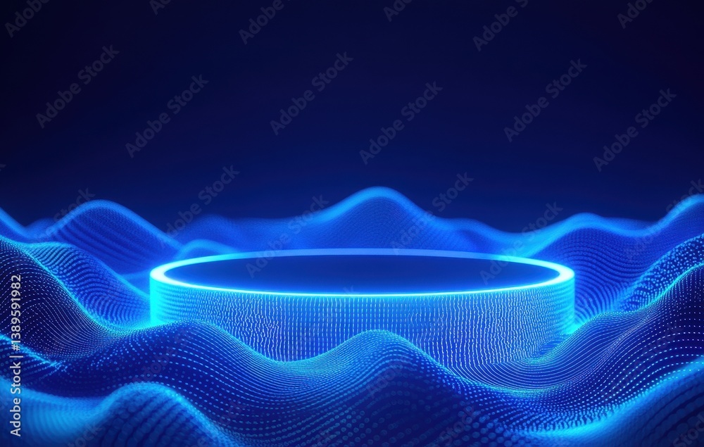 Aufkleber abstract blue digital wavy surface with glowing circle platform in dark background futuristic techno