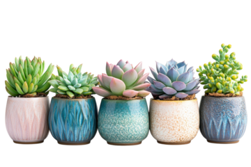 Vibrant succulent collection in unique ceramic pots showcasing diverse textures and colors against a