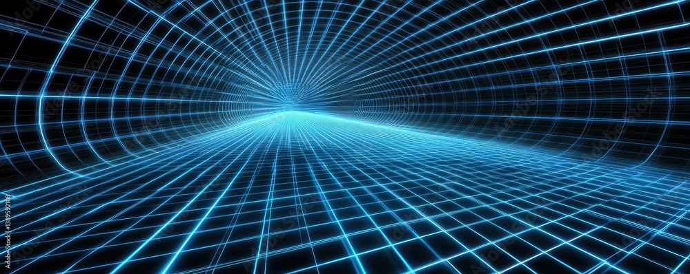 Poster abstract blue light tunnel effect on black background with grid pattern digital technology and futur