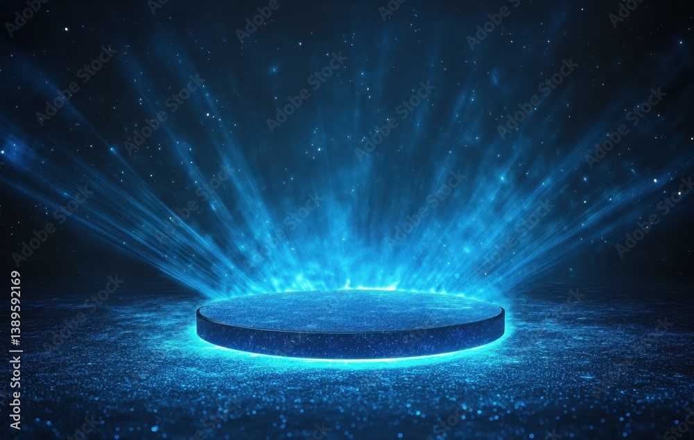 Leinwandbilder abstract blue lit platform with sparkling particles on dark background with spotlight effect