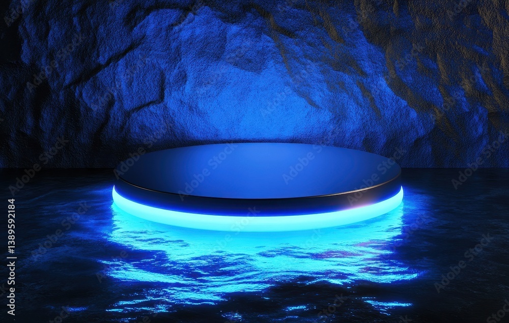 Aufkleber abstract blue lit round stage podium with dark rock wall background for product display and showcase