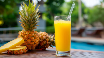Refreshing pineapple juice served in a glass beside fresh pineapples on a sunny day