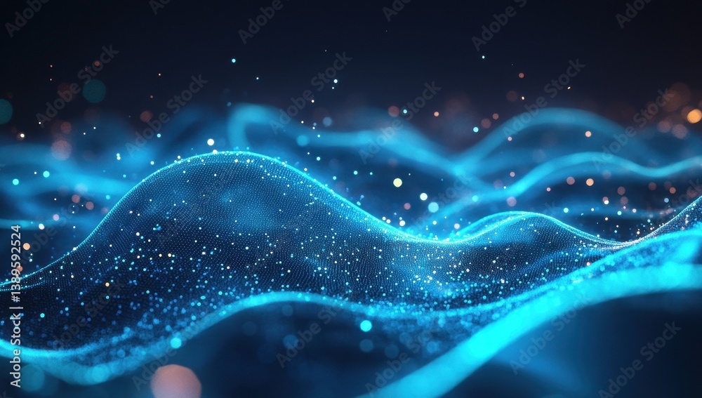 Fototapete Abstract Blue Wave Particles Background with Digital Futuristic Technology Design Light Motion Energy Data Network and Modern Connection Pattern