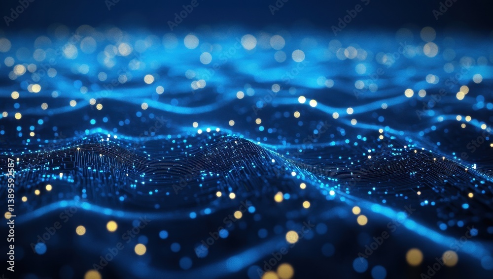 Aufkleber Abstract Blue Waves with Golden Dots Data Stream Network Technology Background Glowing Particles in Modern Style Futuristic Backdrop Wallpaper Element Concept