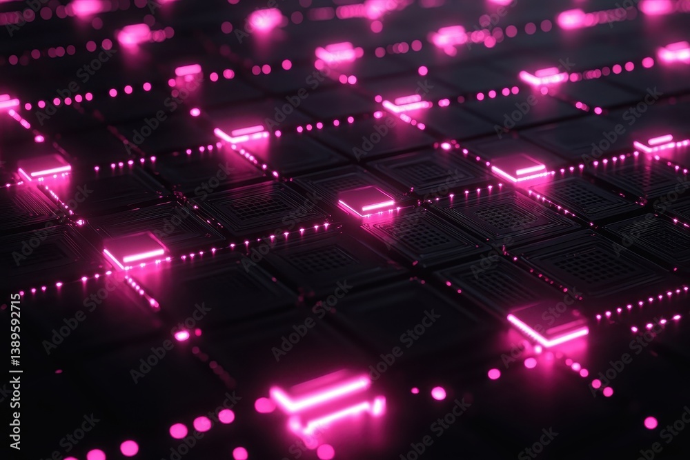 Poster Abstract Circuit Board with Glowing Pink Lights Futuristic Technology System Cyber Network and Electronic Microchips on Dark Background in a Modern Design