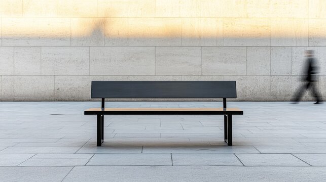 Minimalist bench contrasts against urban backdrop, capturing fle