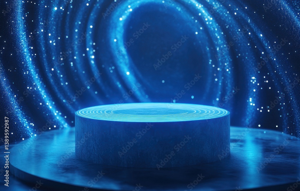 Aufkleber Abstract Cosmic Background with Glowing Blue Light Spiral and Round Metallic Podium with Shiny Surface for Product Display Presentation