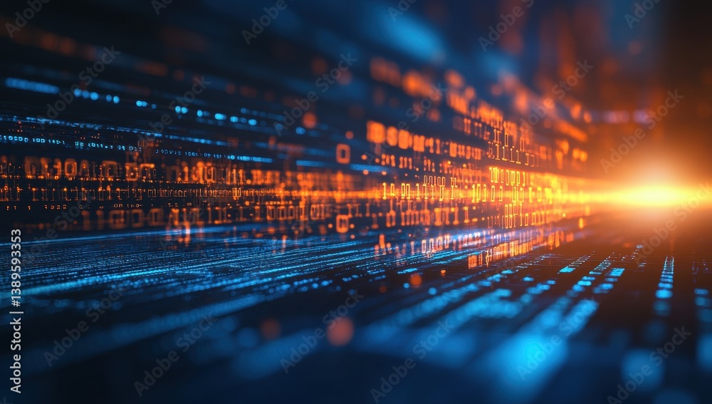 Aufkleber Abstract Digital Binary Code Stream in Blue and Orange Futuristic Data Matrix Background for Technology and Artificial Intelligence Concepts