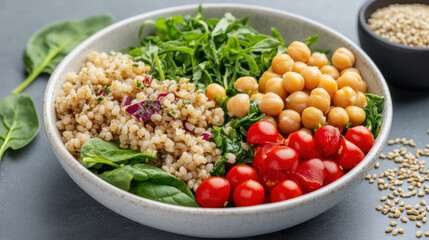 vibrant protein rich salad bowl featuring chickpeas, farro, spinach, and cherry tomatoes