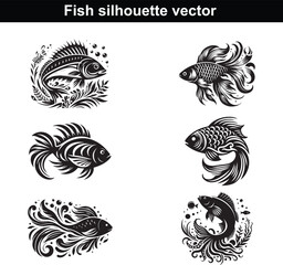 Vector set of tribal tattoo designs featuring marine life like fish and shells in a seamless pattern illustration