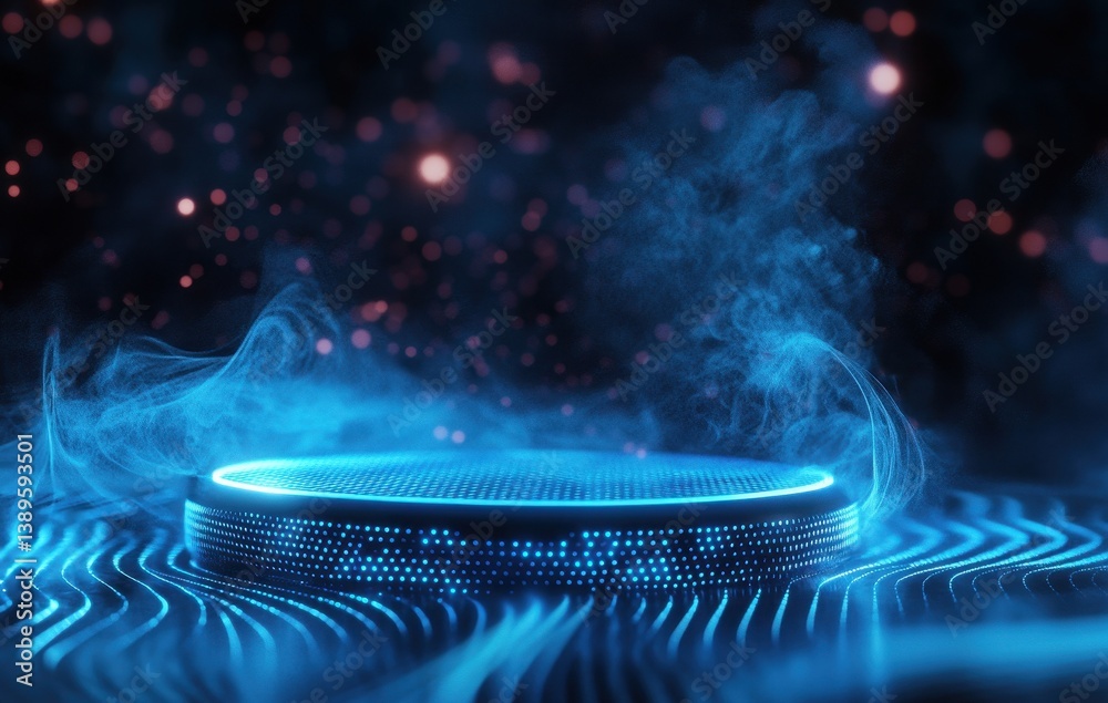 Aufkleber Abstract Digital Particle Platform with Blue Glowing Light and Futuristic Wave Background