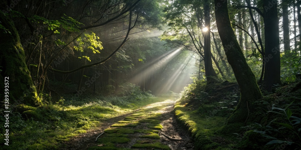 Wall mural golden hour sunlight filters through a magical woodland trail, creating a low-light, sunbeam-dappled
