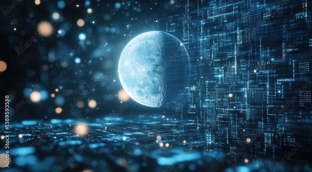 Poster abstract digital sphere made of blue glowing dots on dark backdrop artificial intelligence and futur