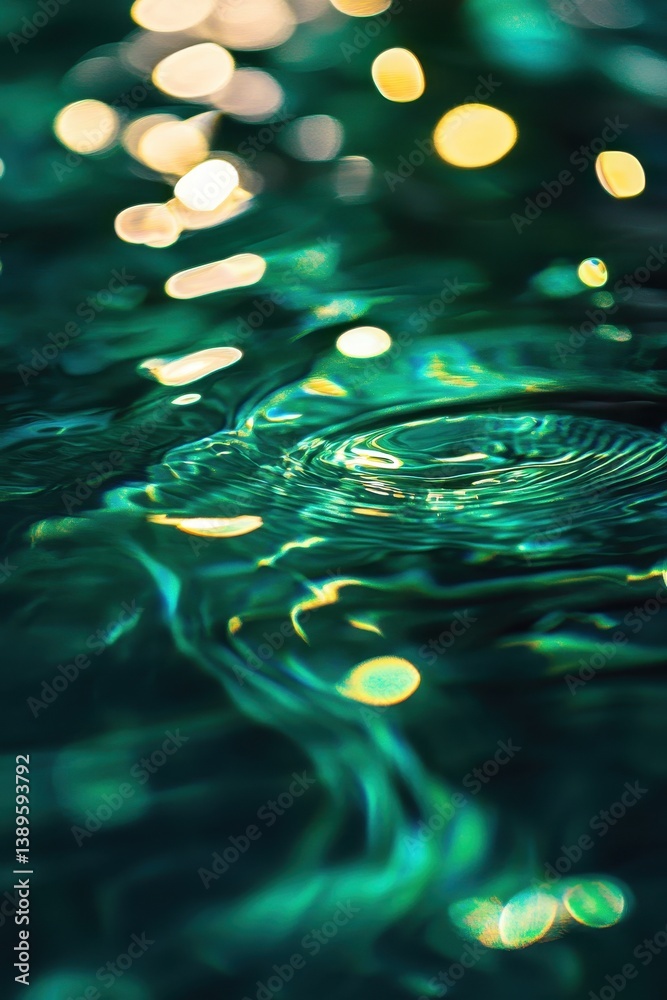Poster abstract emerald water surface with golden bokeh lights reflecting creating intricate patterns and t