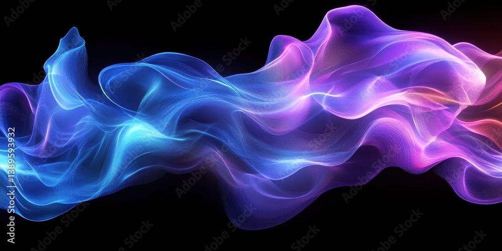 Poster abstract flowing particles in blue purple and pink glowing wave with dynamic motion on black backgro